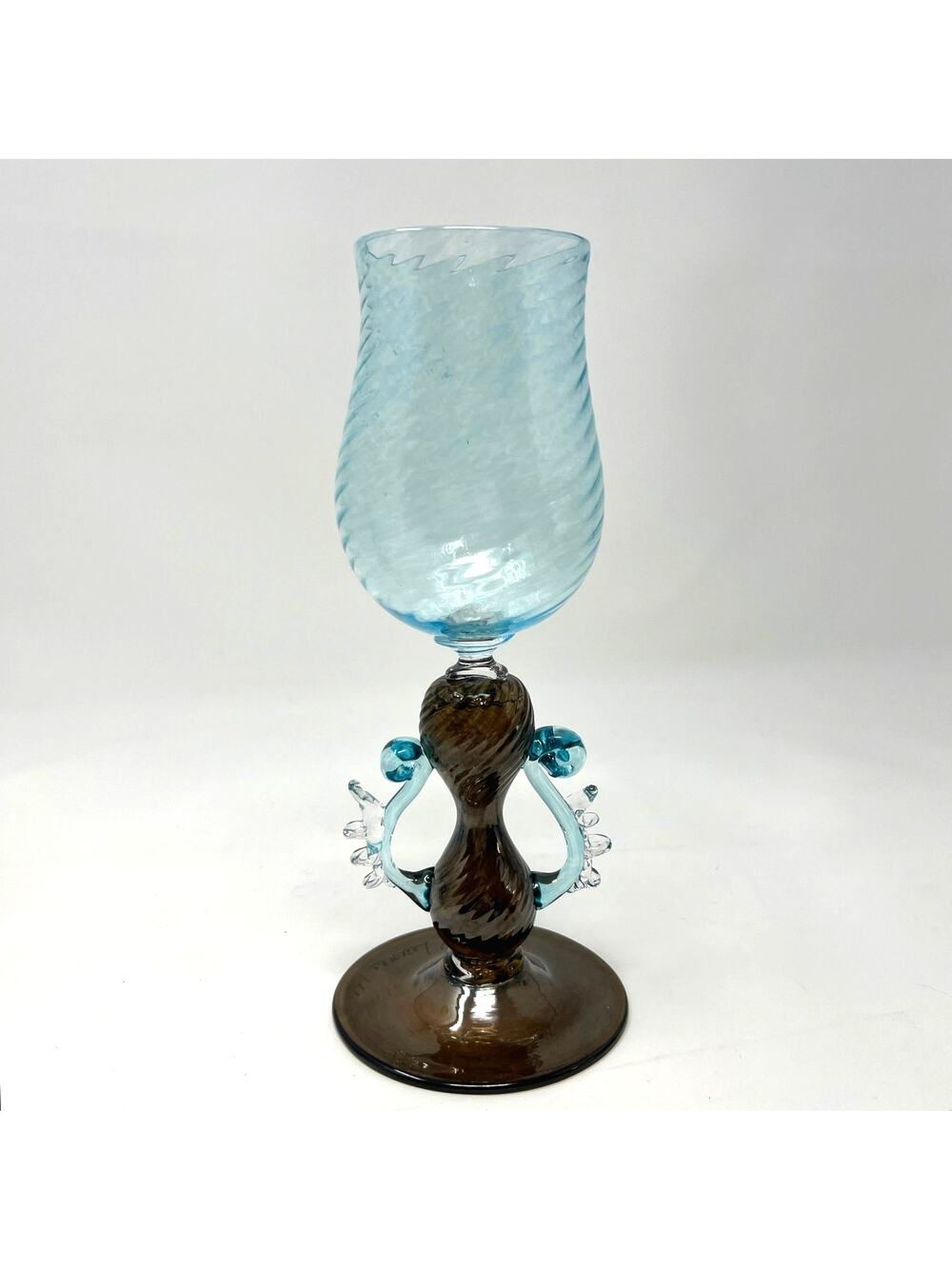 Murano Style Goblet Art Glass Signed Venetian Blue Amber Brown Hand Blown